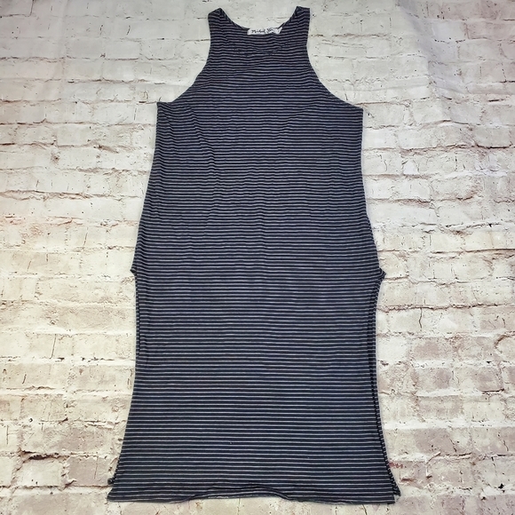 Michael Stars Black Gray Striped Midi Dress Side Slit High Neck Bodycon Casual M - Picture 2 of 10